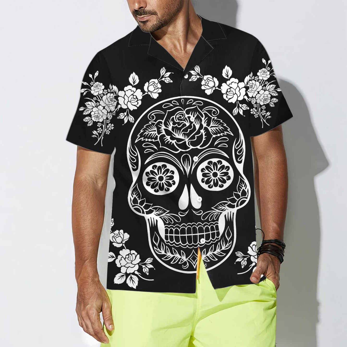 Mexican Sugar Skull Tattoo Hawaiian Shirt, Black And White Day Of The Dead Skull, Unique Day Of The Dead Gift