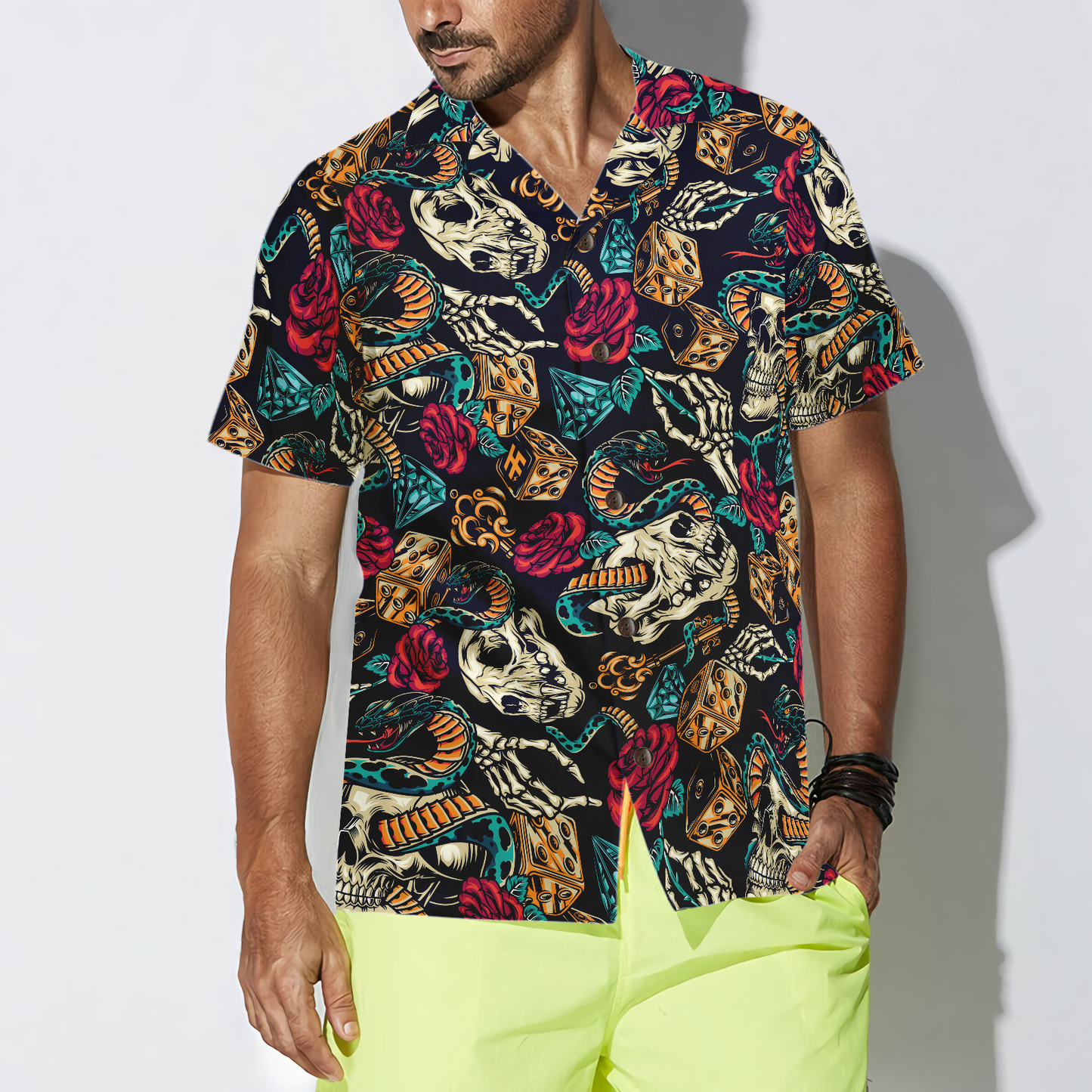 Skulls With Blue Snakes And Red Roses Hawaiian Shirt