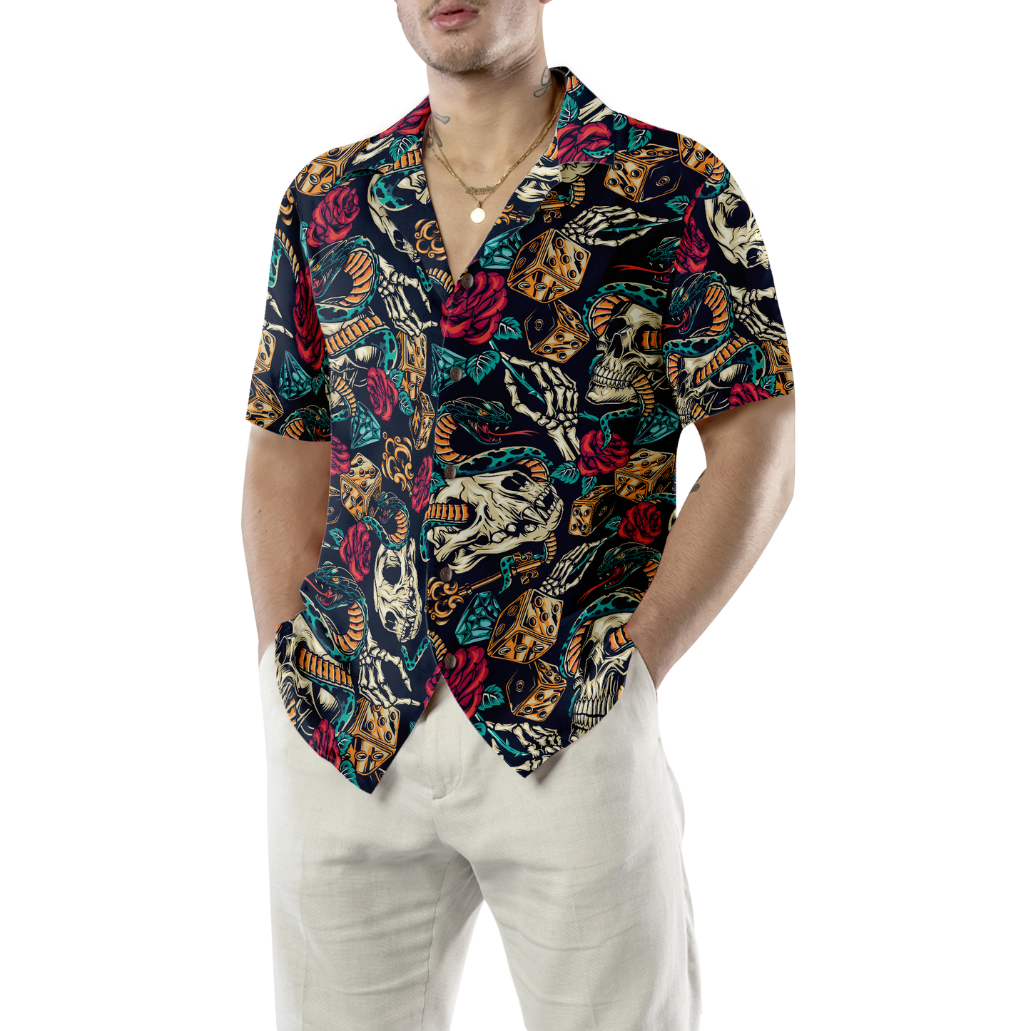Skulls With Blue Snakes And Red Roses Hawaiian Shirt
