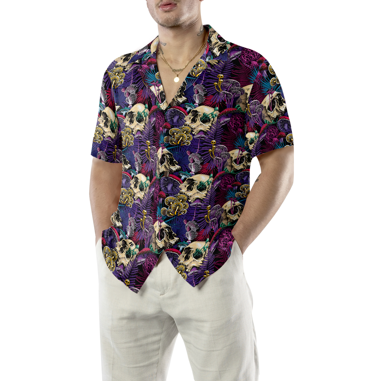 Bright Magic Psychedelic Mushrooms And Skulls Hawaiian Shirt