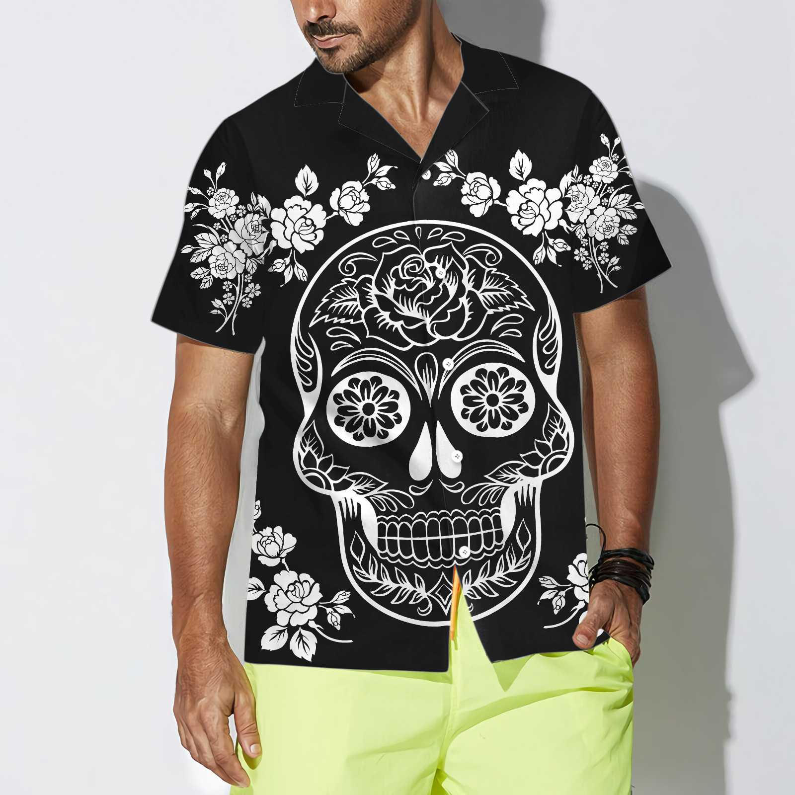 Mexican Sugar Skull Tattoo Hawaiian Shirt, Black And White Day Of The Dead Skull, Unique Day Of The Dead Gift
