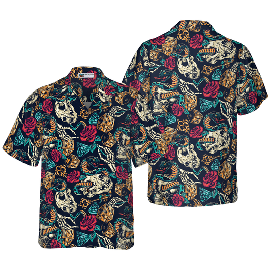 Skulls With Blue Snakes And Red Roses Hawaiian Shirt
