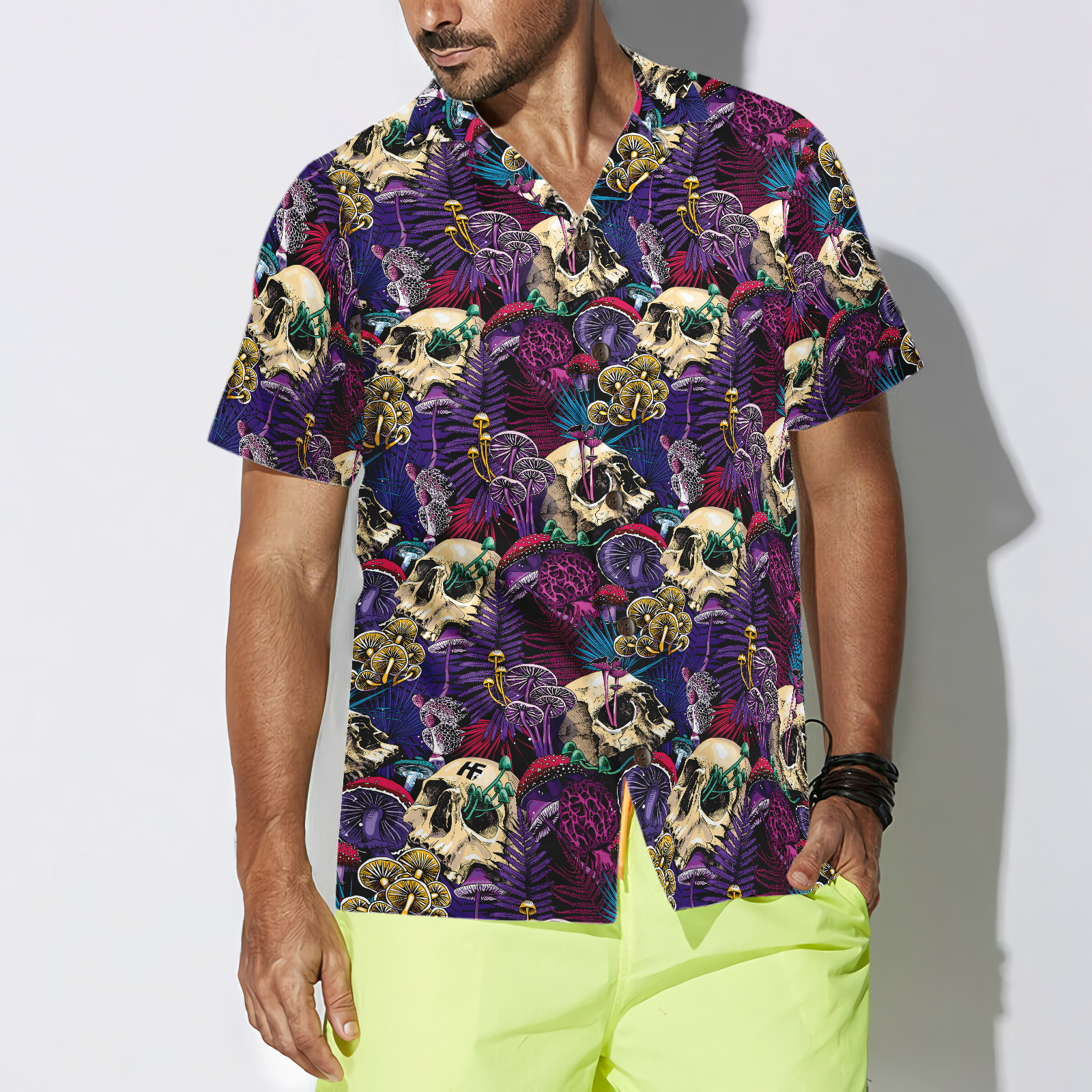 Bright Magic Psychedelic Mushrooms And Skulls Hawaiian Shirt